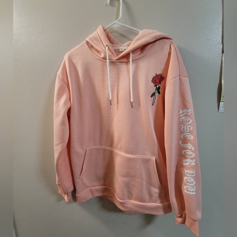 Rose Letter Fleece Kangaroo Pocket Pullover Hoodie Size M